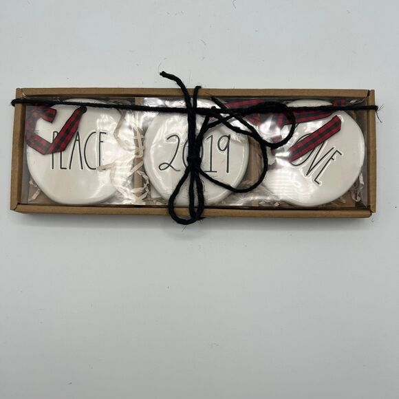 Rae Dunn Christmas Ornaments Set of 3 PEACE, LOVE, 2019 - Picture 1 of 2